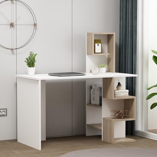 DERONI Scrivania per Computer - Scrivania Ufficio - Tavolo per Computer con Scaffale Ripiano (Bianco/Avola)