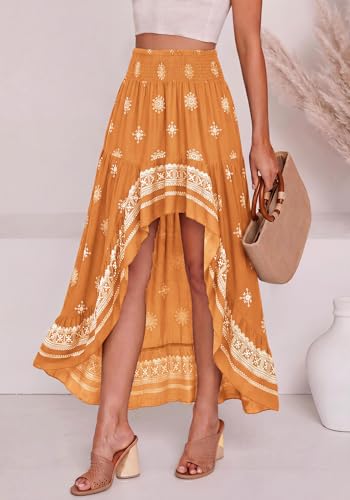 BTFBM Women 2026 Spring Summer Long Skirts Dress Boho Floral Elastic Waist Split Ruffle High Low Beach Maxi Skirt Clothes(X-Brown, Large) — view 5