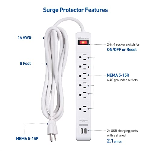 Cable Matters 2-Pack 6 Outlet Surge Protector Power Strip With Usb, 8 Ft Long Extension Cord (Surge Protector With Usb Ports) In White #TOP1