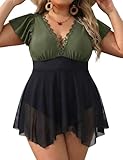 CiCiBird Women's Plus Size Swimsuit One Piece Swim Dress Tummy Control Bathing Suit Lace V Neck Ruffle Sleeve Swimwear ArmyGreen Black XXL