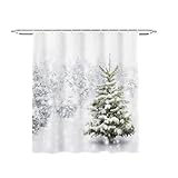 AIBIIN Duschvorhang Weihnachtsduschvorhang für Badezimmer Winter Schneeflocke Kiefernbaum Wasserdicht Waschbar Schnell Trocknend Weihnachtsbadezimmer Dekoration Requisiten mit 12 Haken 180x180cm