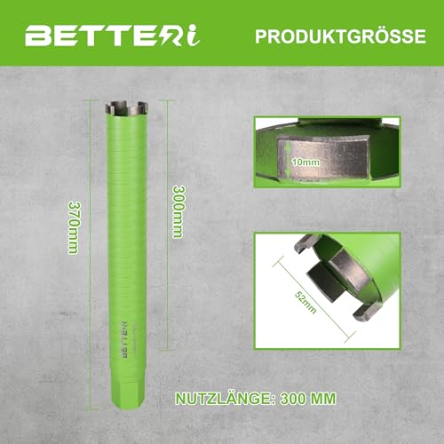 BETTERI Kernbohrer 52mm Micro Percussion, Nutzlänge 300 mm Turbo Diamantbohrkrone, 1 1/4 UNC Kernbohrkrone, Trocken-bohrkrone für Beton