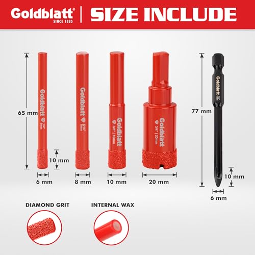 Goldblatt Diamond Core Drill Bit Set, 5-piece (6/8/10/20 mm) Porcelain Tile Drill Bit & 6mm Hex Shank Carbide Drill, Diamond Drill Bit for Porcelain Tiles Glass Marble Ceramic 2 Goldblatt Diamond Core Drill Bit Set, 5-piece (6/8/10/20 mm) Porcelain Tile Drill Bit & 6mm Hex Shank Carbide Drill, Diamond Drill Bit for Porcelain Tiles Glass Marble Ceramic - Image 2