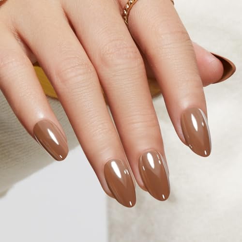 Modelones Brown Press on Nails Almond, Fall Halloween Short Chrome Fake Nails, Reusable Nail Kit with Nail Glue Adhesive Tabs Mini Nail File, Nails Press Ons 32Pcs 16Sizes