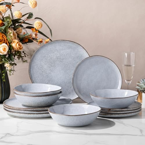 Image of AmorArc Ceramic Dinnerware Sets,Handmade Reactive Glaze Stonewre Plates and Bowls Sets,Highly Chip and Crack Resistant | Dishwasher & Microwave Safe Dishes Set,Service for 4 (12pc)