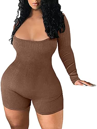Tinodu Sexy Ribbed Backless Bodycon Rompers Jumpsuit for Women Knit Long Sleeve Square Neck Casual Party Club workout One Piece Outfits Playsuit M Brown