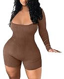 Tinodu Sexy Ribbed Backless Bodycon Rompers Jumpsuit for Women Knit Long Sleeve Square Neck Casual P