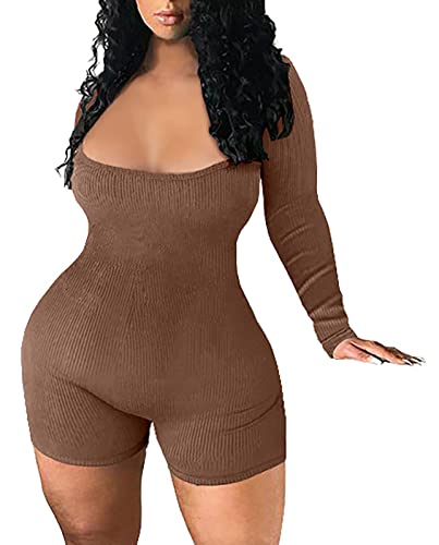 Tinodu Sexy Ribbed Backless Bodycon Rompers Jumpsuit For Women Knit Long Sleeve Square Neck Casual Party Club Workout One Piece Outfits Playsuit M Brown #TOP2