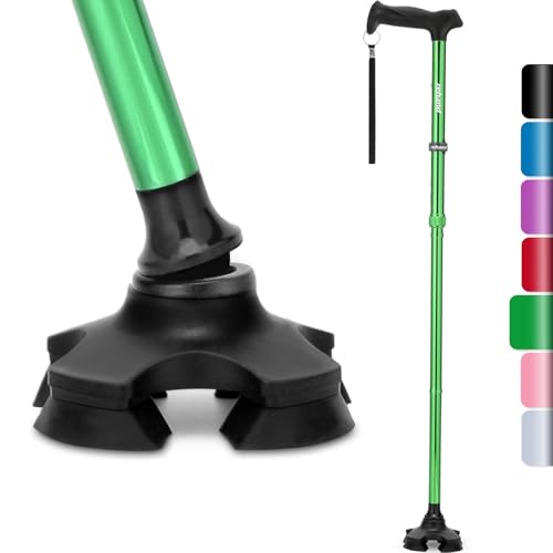 Rehand 折りたたみ式自立式 4点杖 つえ 杖 男女用 軽量 高齢者 8段階調節 (グリーン)