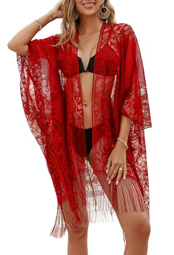 colornival Sexy Kimono-Spitzenstrandkleid für Damen mit offener Front und Fransen für den Urlaub (Rot 1)