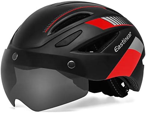 EASTINEAR Adults Bike Helmet Magnetic Goggle Cycling Helmet with USB Rechargeable Taillight for Men Women Mountain & Road Bicycle Helmet Magnetic Shield Size M/L (Black Red)