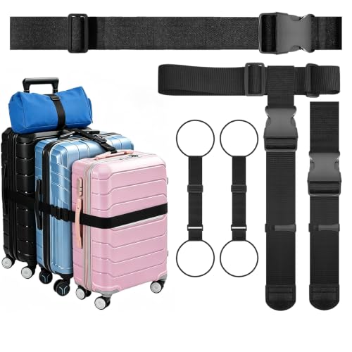 Image of 5 Packs Luggage Straps for Suitcases, 2 Luggage Connector Straps & 2 Adjustable Bungee Luggage Belt & Elastic Strap, Connect Up to 4 Suitcases & Add a Bag, for 20-32 Inch Luggage, Black