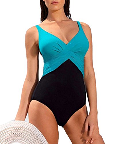 YipGrace Frauen Mit V-Ausschnitt Plissiert Plus Größe Einteiler Bademode Doppelklicken Farbiger Bademode Badeanzug Für Frauen Badeanzug M See Blau Cover