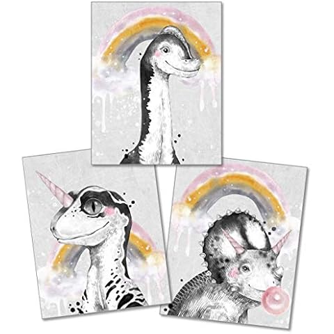 Confetti Fox Dinosaur Wall Art Decor for Girls, Watercolor Rainbow Bedroom Tween Posters, Kids Playroom Magical Dino Paintings, Toddler Pink T-Rex Bathroom Pictures (8x10 Unframed Set of 3 Prints) Cover