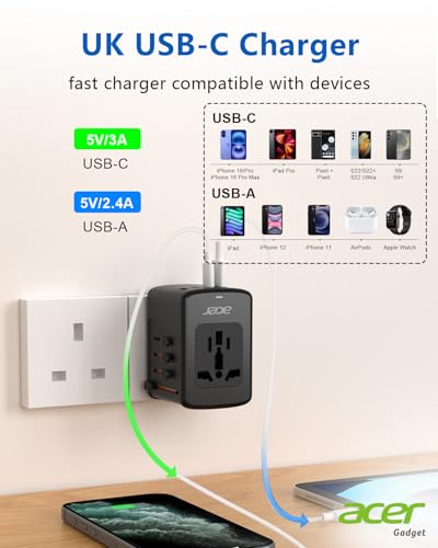 Image of Acer Universal Travel Plug Adapter - International Power Adapter with 5 USB Ports (3 USB C) 5.8A, Worldwide Outlet Charger for USA to European UK France Germany Spain, Type C /E /F /G /I /L /A, Black