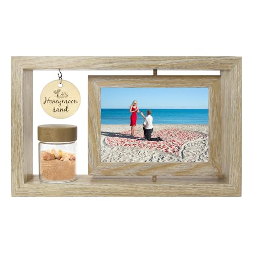 Liannan Customizable Honeymoon Sand Photo Frame – Holds Two 4x6 Inch Pictures with Glass Keepsake Jar for Beach Sand and Seashells – Romantic Wedding Gift, Anniversary Memory Keepsake (wood2)