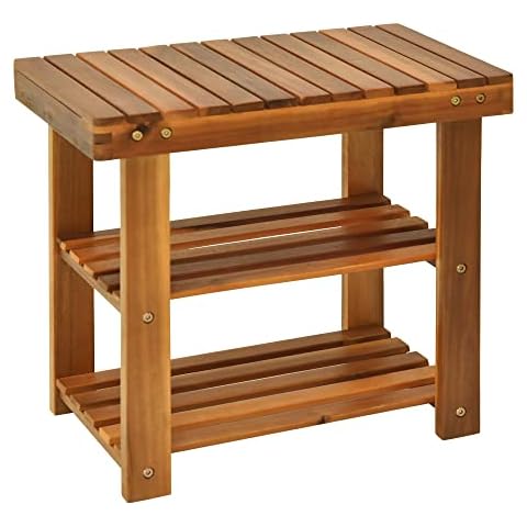 HOMCOM Acacia Wood Shoe Bench with Storage Cover