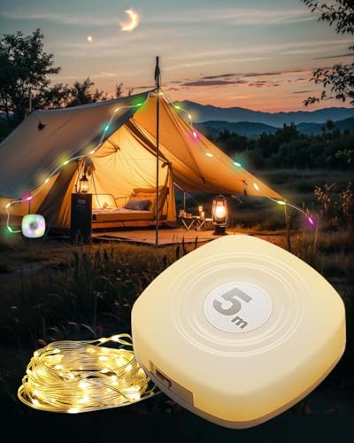 FinLuxEsti Guirnalda de luces retráctiles recargables de 5 m con gancho de múltiples pliegues y control de aplicación, luces de hadas plegables impermeables IP65/IP44 para tienda de campaña, jardín