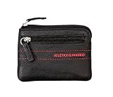 Atlético de Madrid Monedero de Piel 100% Vacuno, Negro, 10.5x8cm, 2 Bolsillos con Cremallera, Producto Oficial, se Entrega con Caja Negra con el Escudo