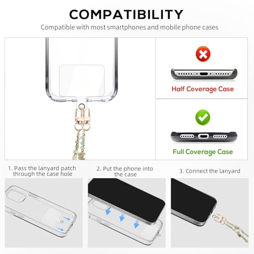 Reownest 1 Handykette Universal, Handy Umhängeband, Handy-Schnur mit 1 Patch, Anti-Verlust Draht Naturstein-Anhänger, Kompatibel mit Smartphones für Frauen und Mädchen -Grün