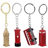 Design Britannique Authentique: Ce porte-clés regroupe quatre symboles emblématiques du Royaume-Uni, dont un bus londonien, une cabine téléphonique rouge, Big Ben et une boîte aux lettres, offrant un style vintage et distinctif pour accompagner vos clés ou sacs