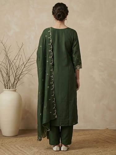 Image of INDO ERA Women's Silk Blend Embroidered Straight Kurta Pant with Dupatta Set