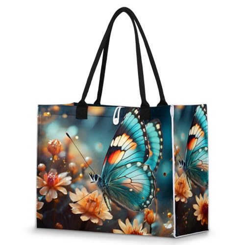 Rainy Butterfly Flower Tote Bag for Women Large Beach Bag Reusable Tote Bags for Work Travel Beach Shopping