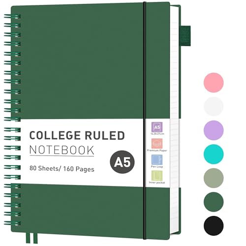 RETTACY Notizbuch A5 Liniert, Leichtgewicht Ringbuch, Tagebuch 80 Blatt / 160 Seiten Zum Schreiben, 100 G/m² College-liniertes Papier, PVC, 14.8 x 21cm - Dunkelgrün