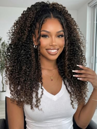 Image of Sunber Black to Chestnut Brown Ombre Curly Human Hair Glueless Wig With With Finger Coily Ends Bye Bye Knots Pre Cut 7X5 Lace Front Drawstring Wig Burmese Curly Wigs Pre Plunked Invisible Knots 24Inch