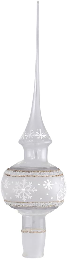 Clear Glass Christmas Tree Topper, Hand Blown 10.5 inch Finial Ornament with Snowflakes, Gift Box Included SKU: 810060546925