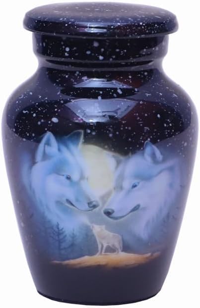 World Bazaar Adult Cremation Keepsaske Urns for Ashes- Adult Classic 3 Wolves Family Pictured Cremation Urn for Human Ashes, Male or Female Keepsake urns with Velvet Protection Box (1 Small Keepsake)
