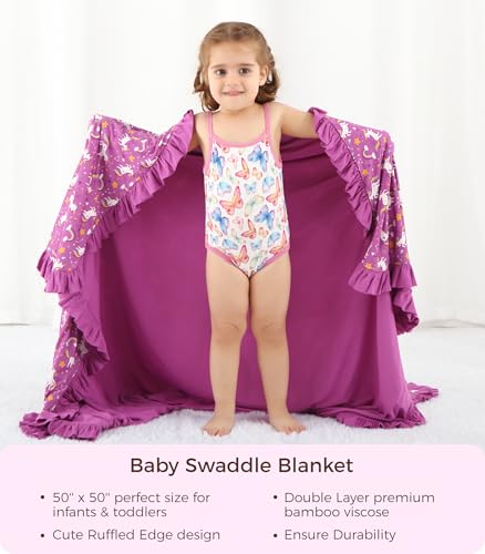 Image of Premium Baby Blankets, Soft Viscose from Bamboo Blanket for Girls, Nursery Crib Bedding Quilt for Newborn and Toddler, Ruffle Blanket Cooling for Hot Sleepers 50''x50'' Purple Unicorn