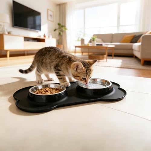 Futternapf Hunde Katzen, Fressnapf Hundenapf Kleine Hunde Napfset, Edelstahl Katzenapf Wassernapf Hund mit Nicht Kleckern, mit 1 Hundenapf Unterlage Rutschfest Silikon Tablett Matte( S 36 x 21 cm)