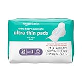 Amazon Basics Extra Heavy Overnight Pads for Women, Ultra Thin with Flexi-Wings, Unscented, Size 5, 24 Count, 1 Pack