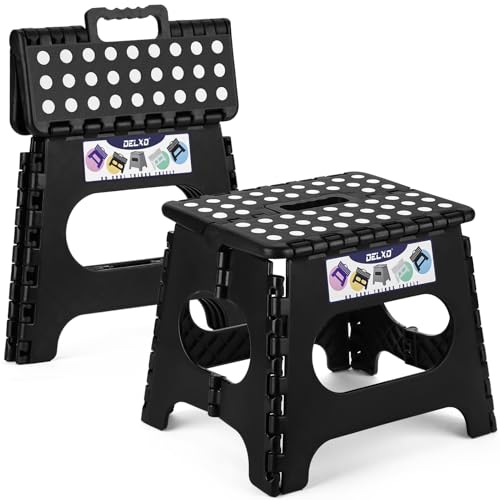 Delxo 11 inch 2 Pack Folding Step Stool, Non-Slip Foldable Stools Up to 300 LBS, Step Stool with Handle, Lightweight Collapsible stools for Kitchen, Bathroom, Bedroom, Garden (Black)