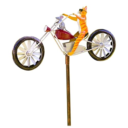 Frog Wind Spinners, Metal Cat Riding Vintage Motorcycle Wind Sculptures, Garden Frog Decor For Yard Lawn Patio Decoration (Cat & Mouse) #TOP8