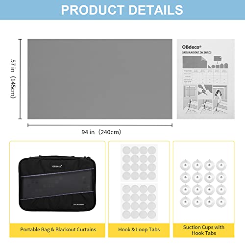 Obdeco Portable Blackout Curtains 94" X 57" Travel Blackout Curtains, 16 Suction Cups And 16 Hook & Loop Tabs Easy To Stick On, Fits Any Size & Shape, 100% Temporary Blackout Shades For Windows #TOP7