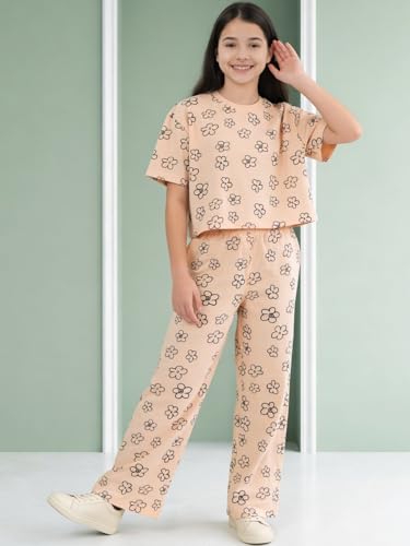 Image of Li'l Tomatoes Girls Cotton Night Suit Set | 100% Cotton Summer Co-Ord Set | Half Sleeve T-Shirt & Full Length Pajama | Soft & Breathable Printed Clothing Set | 9-16 Years