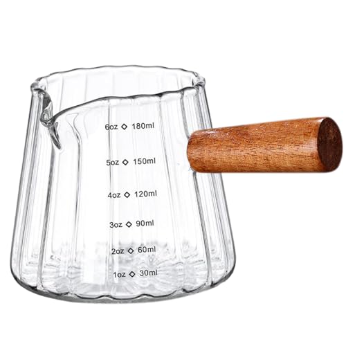 Houlishu 6OZ Wooden Handle Espresso Measuring Cup, Borosilicate Glass Milk Frothing Pitcher with Double Scale & V-Shaped Spout, Dishwasher Safe Coffee Accessories