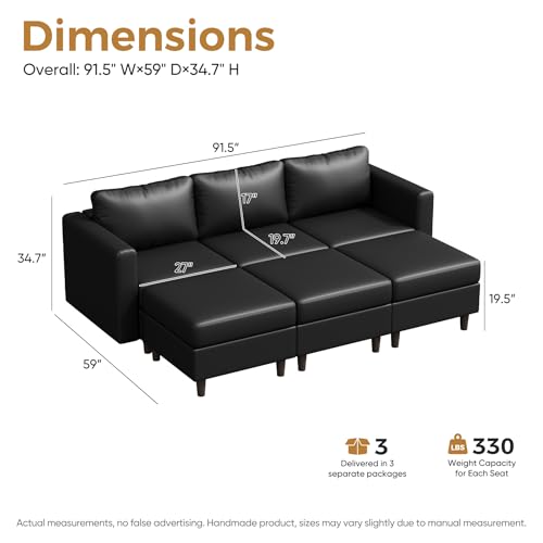 Image of ABCASA 91.5 inch Faux Leather Luxury Modular Sleeper Sofa Bed with Storage Seat, 6 Seat Sectional Couch Deep Seat with Reversible Chaises & Removable Cover for Living Room - Black