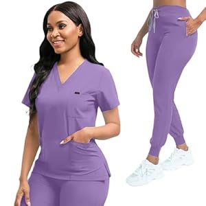 Scrubs for Women Set, Women’s V-Neck Top & Jogger Scrub Pants, Nursing Uniform Scrubs Set with 8 Pockets