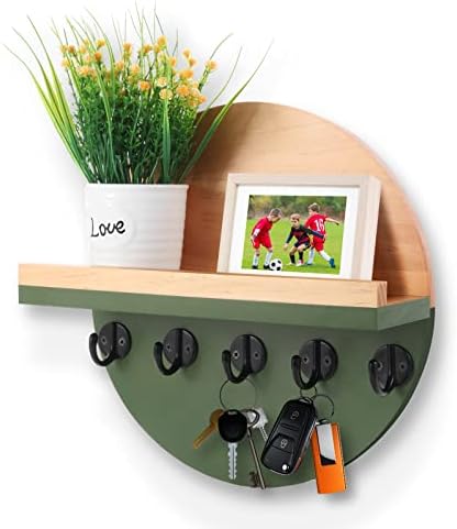 CRAKTH Key and Mail Holder for Wall Decorative, Wooden Boho Key Hanger with Shelf, Unique Two-Tone Circular Design Entryway Key Rack - Brown & Green