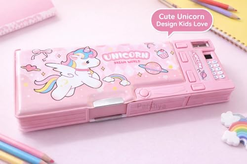 Image of KiddieWorld Pencil Box for Kids with Calculator & Sharpener | Multi-Compartment Plastic Pencil Case with Writing Pad | Cute Pink Pencil Box for Girls School Use