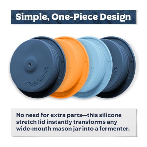 Fermentaholics Silicone Fermentation Stretch Lids - Waterless One Way Airlock Cap Fits All Wide Mouth Mason Jars - PATENTED Design - With One Lid Turn Any Mason Jar into a Vegetable Fermenter (1)