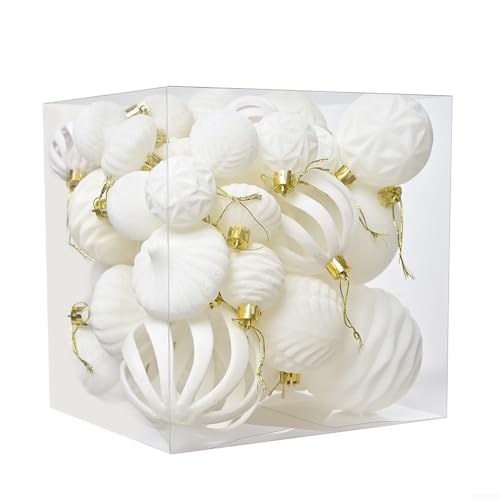 DAZZLEEX Set di 36 decorazioni per albero di Natale in velluto floccato, diversi colori, rosso, vino, verde, blu, marrone, ornamenti per feste e feste in casa (36 pezzi, bianco crema)