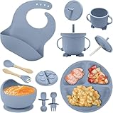 ABCORPHIC Vajilla Bebé de Silicona,8 piezas Vajilla Bebe(cuchara, tenedor, tazón, babero, vaso) | Cubiertos infantiles de alimentaria con diseño antideslizante Sin BPA, Apto para lavavajillas,azul