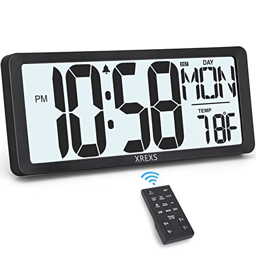 XREXS Large Digital Wall Clock with Backlight, 14.17 Inch Large Display Wall Clock with Remote Control, Big Count Down Timer Clock, Battery Operated Alarm Clock with Temperature, Date&Week for Seniors