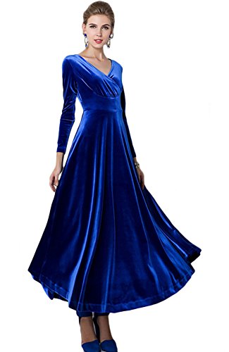 Urban CoCo Women Long Sleeve V-Neck Velvet Stretchy Long Dress (Large, Royal Blue)