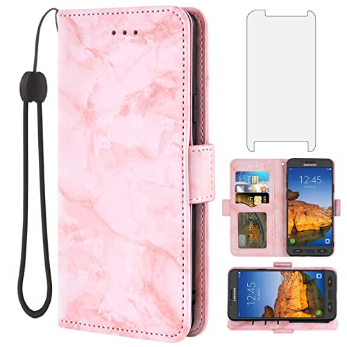 Asuwish Compatible with Samsung Galaxy S7 Active Case and Tempered Glass Screen Protector Accessories Card Holder Kickstand Marble Wallet Phone Covers for Glaxay S7Active 7s S 7 7Active G891A Pink
