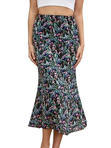 Gardenwed Women Summer Bohemian Ditsy Floral Skirt High Waist Casual Mermaid Midi Skirts Black Mixed Floral S
